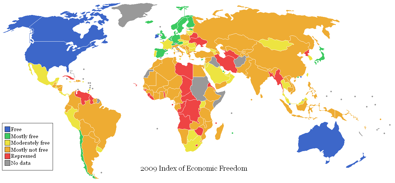 A map of the world, colored based on how economically free a country is considered