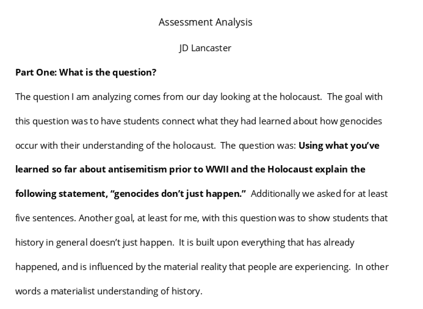 The beginning to my assessment analysis paper.