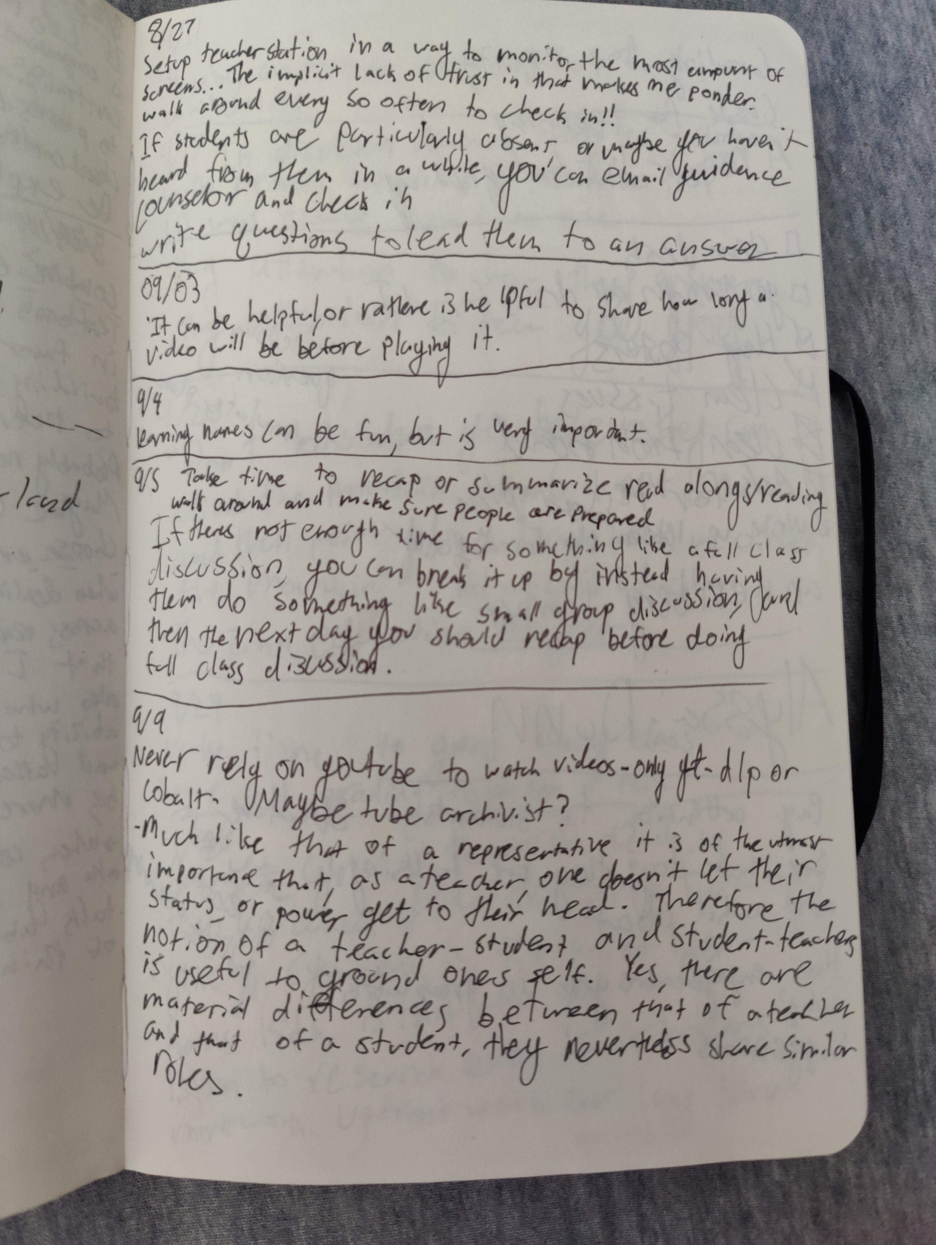 A picture of a page from my journal with a couple entries
