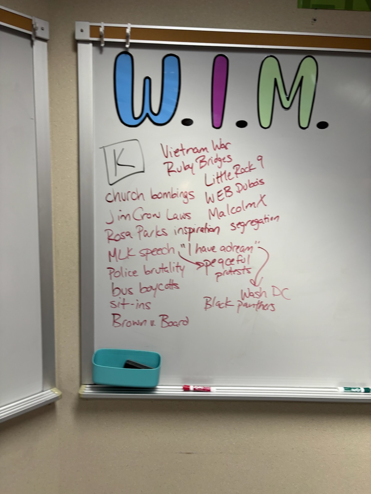 A picture of a whiteboard showcasing what students already know about the Civil Rights Movement