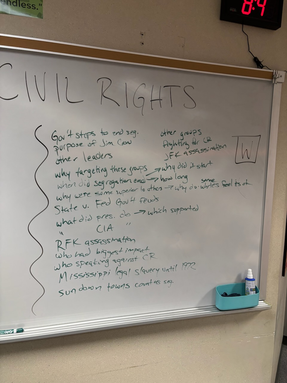 A picture of a whiteboard showcasing what students want to know about the civil rights movement